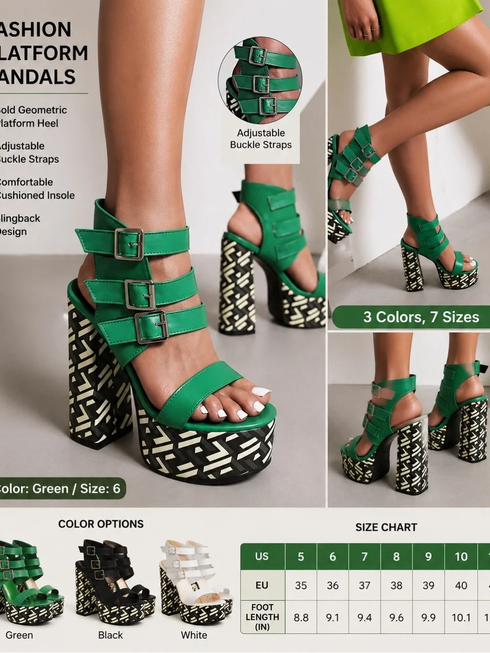 Green Platform Block Heel Sandals with Buckle Straps